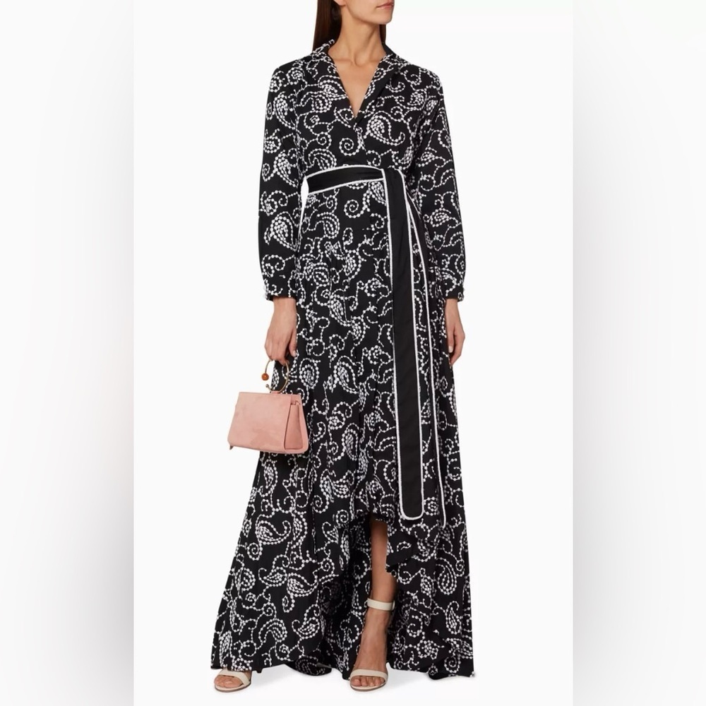 Alexis Ladda Maxi Dress Black White Embroidery Tie Belt Cotton Designer Gown Med